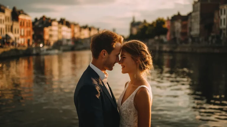 Couple de mariés au bord de la Meuse à Liège au coucher du soleil