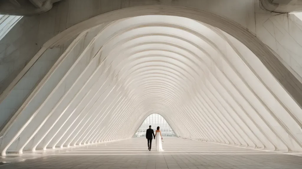 Couple de mariés sous les arches modernes de la gare des Guillemins à Liège